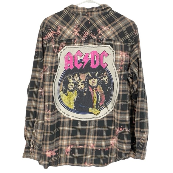 Upcycled AC/DC Band Flannel Shirt Plaid Womens XL Mens Large Handmade Grey Cream - Picture 1 of 11